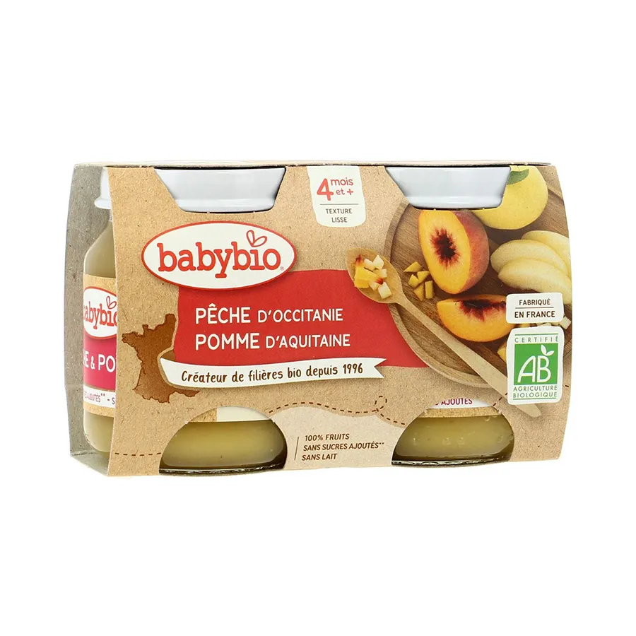 Babybio Pot pêche pomme Emporte 2*130gr - ​Boulangerie-Pâtisserie | Pain au Levain & Viennoiseries