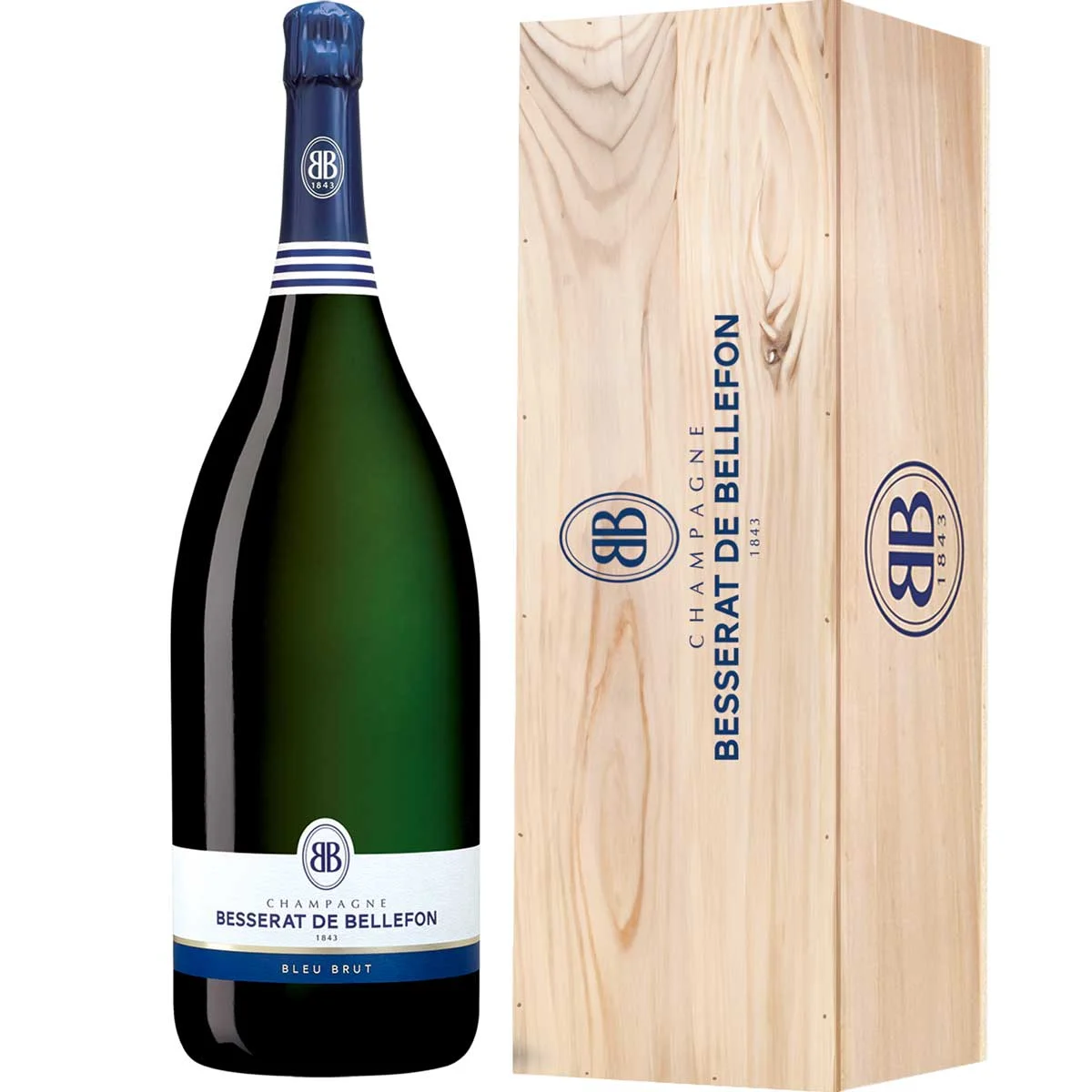 Besserat de Bellefon Bleu Brut mathusalem avec caisse bois - Vins Rouges Harmonieux pour Chaque Occasion - Caisse palette