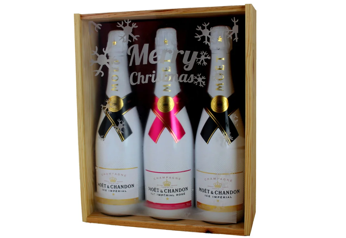 Coffret cadeau gravé Flocons bouteilles Champagne Moët Chadon Ice Imperial Vins Rouges Harmonieux Occasion